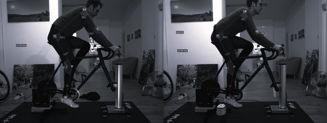 Bike fit session: cyclist pedaling during video analysis. 